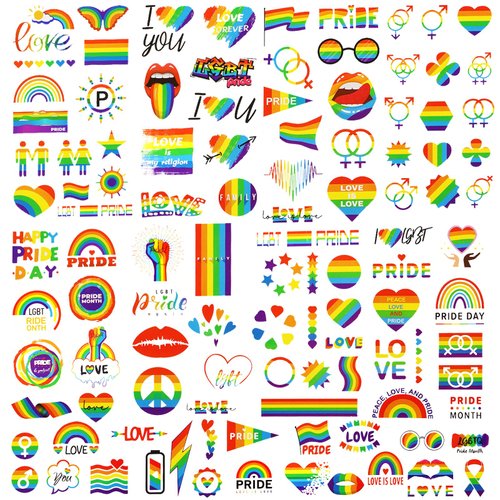 10 Sheets 110pcs Rainbow Temporary Tattoos, Pride Tattoos Love Heart/Rainbow/Butterfly/Red Lip Gay Pride Stickers Body Art Decoration for LGBT Pride Parades Celebrations Party Supplies