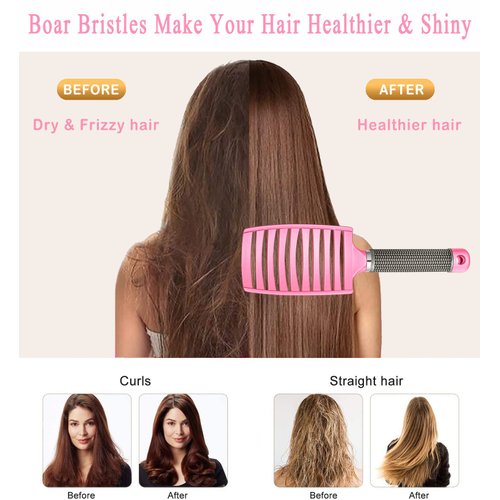 KTKUDY Detangling Hair Brush - Boar Bristle & Tangle-Free Design for Kids, Women, and Men - Perfect for Wet and Dry Hair - Smooth, Magical Pain-Free Styling (Pink)