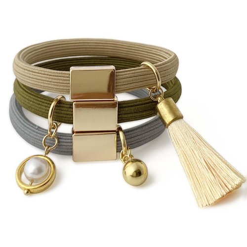 Hair Tie Bracelets for women Thick Curly Hair, 8mm Thick Ponytail Holders Hair Ties with Gold Charm Cute Elastic Hair Bands for Girls Soft No Slip Stretchy Hair Ties Scrunchies for High Pony tails