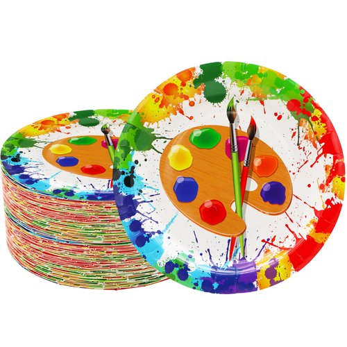 GOGUOGOFA 50 Pcs Art Paint Paper Plates Art Painting Party Supplies 7" Art Paint Dessert Plates Art Painting Plates for Painting Theme Baby Shower Art Paint Birthday Party Decorations