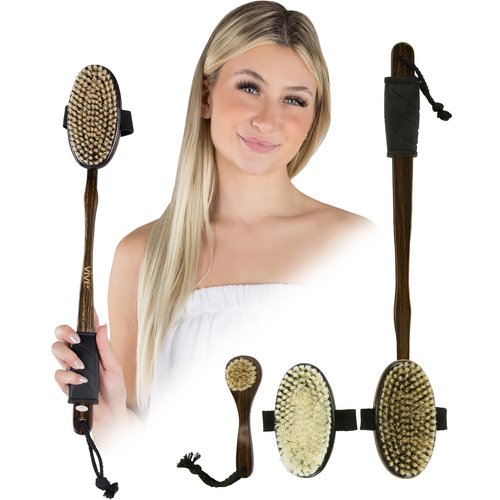 Vive Dry Body Brush Set (6 Pieces) Back Scrubber for Shower Exfoliating - Long Handled Multi Brushing Massager Kit - Dark Wood with Natural Bristles - for Back, Feet, Cellulite, Lymphatic Drainage