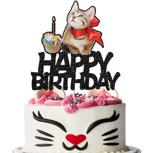 Kitten Cat Birthday Cake Topper, Cute Cat Birthday Party Supplies, Black Glitter