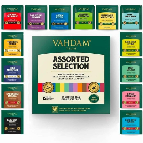 VAHDAM, Tea Variety Pack - 15 Pyramid Individually Wrapped Tea Bags For True Freshness & Flavour | Assorted Tea Sampler | Long Leaf Pyramid Tea Bags Variety Pack | Gifts for Women & Men, Tea Set