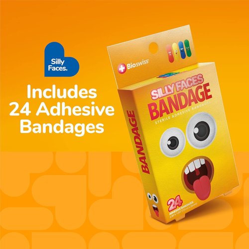 BioSwiss Bandages, Silly Faces Self Adhesive Bandage, Googly Eyes Latex Free Sterile Wound Care, Standard Shape for Kids and Adults, 24 Count