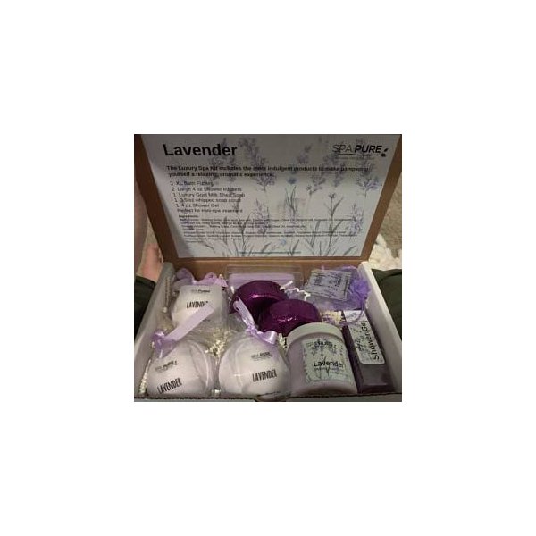 Spa Pure Luxury Lavender Spa - 3 XL Bath Fizzies, 2 XL Shower Steamers, 3.5 oz Whipped Soap Scrub, Goat Milk Soap, Shower Gel (Lavender Essential Oil)