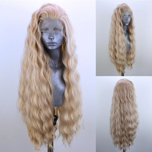 QMSSR White Wavy Synthetic Lace Front Wigs Free Part Loose Wave Hair Wig Heat Resistant Glueless Lace Front Wigs for Women Halloween Cosplay Wig