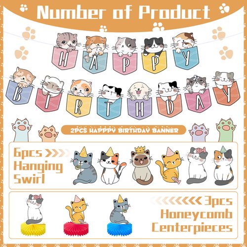 16 Pcs Cat Theme Birthday Party Decorations Party Supplies Kit, Includes Cat Party Banner with 6 Cat Hanging Cutouts 6 Hanging Swirl Decor and 3 Birthday Honeycomb Party Decoration(Cartoon Style)