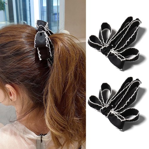 auwiyd Black Ribbon Bow Banana Clip, Korean Style Bowknot Vertical Holder for Women Girls, Sweet Hair Accessories