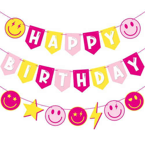 Preppy Birthday Party Banners Preppy Birthday Decoration 3Pcs Pink and Yellow Preppy Smiley Face Happy Birthday Banners for Preppy Smile Face Star Lightning Theme Party Baby Shower Supplies