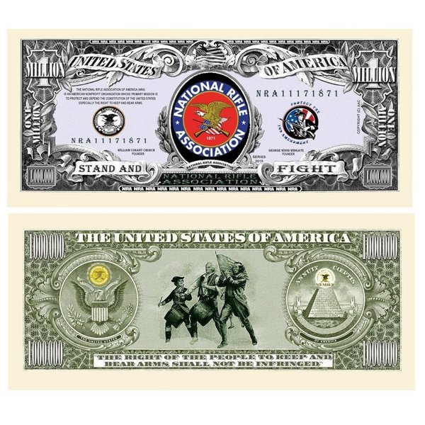 5 NRA National Rifle Assoc Million Dollar Bills with Bonus “Thanks a Million” Gift Card Set