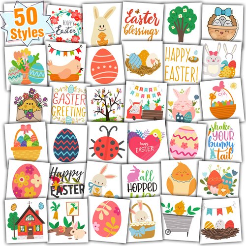 Partywind Easter Temporary Tattoos for Kids, Easter Fake Tattoo Stickers with Eggs/Rabbits/Chicks for Party Decorations Supplies, Easter Basket Suffers Goodie Bag Fillers (50 PCS)