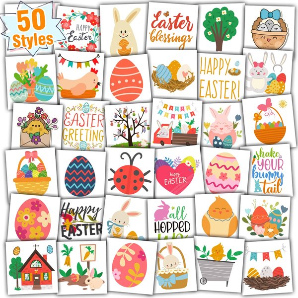 Partywind Easter Temporary Tattoos for Kids, Easter Fake Tattoo Stickers with Eggs/Rabbits/Chicks for Party Decorations Supplies, Easter Basket Suffers Goodie Bag Fillers (50 PCS)