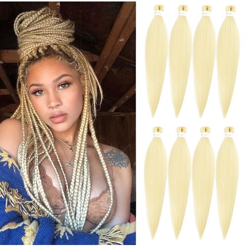 Blonde Braiding Hair Pre Stretched 8 Packs 24 Inch Pre-stretched Braiding Hair Soft Yaki Texture, Itch Free, Hot Water Setting Hair Extensions for Braids Bleached (24in,#613)