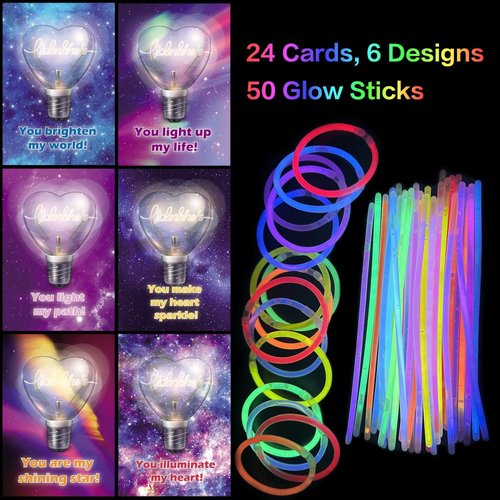 50 Pcs Glow Sticks with Valentines Day Gift Cards for Kids, Glow Stick with 24 Pcs Valentines Day Greeting Cards, Classroom Exchange Cards School Prize Party Favor Supplies for Boys Girls