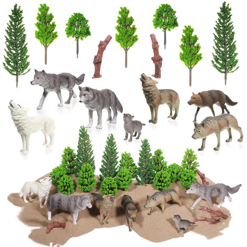 Sratte 26 Pcs Woodland Wolf Figurines Toys Small Wolf Figures with Model Trees Kit Playset Mini Wolf Cake Toppers Diorama Project Kit for Kids Toddlers Birthday Gift Decor