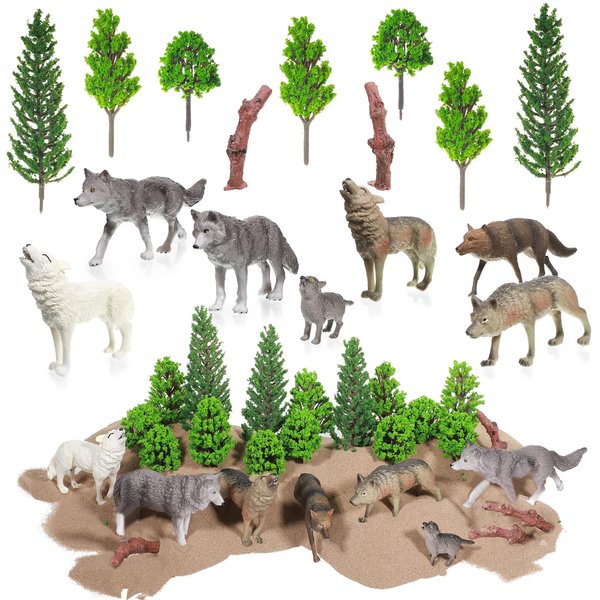 Sratte 26 Pcs Woodland Wolf Figurines Toys Small Wolf Figures with Model Trees Kit Playset Mini Wolf Cake Toppers Diorama Project Kit for Kids Toddlers Birthday Gift Decor