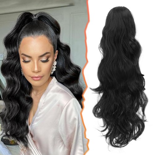 BARSDAR Claw Clip Ponytail Extension, Black Hair Ponytail Extension Long Wavy Curly Clip in Ponytail for Women Synthetic Fake Ponytail Hairpieces For Girls Daily Party Halloween(20'' Off Black)
