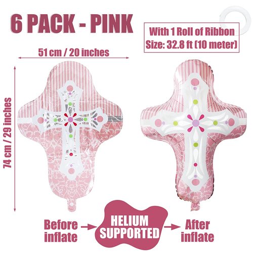 Pink Baptism Cross Balloons For Holy Communion, God Bless Christening Confirmation Easter Party Decorations Kids Boys Girls Party Supplies Baby Shower, 6 Cross Helium Mylar Foil Balloons with Ribbon