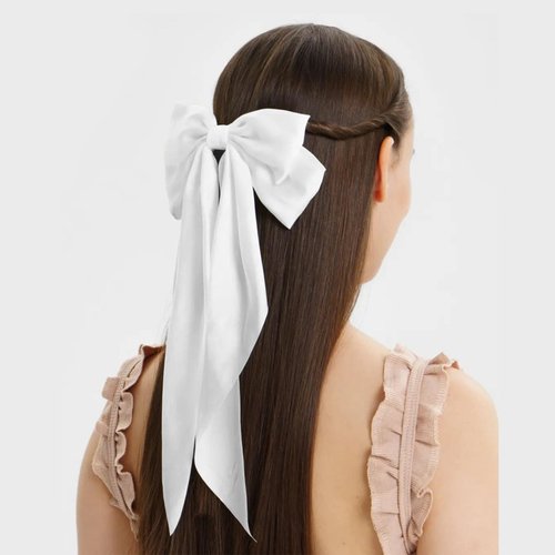White Bow Clips White Hair Ribbon White Silky Satin Hair Bow Hair Clips with Long Tails Vintage W...
