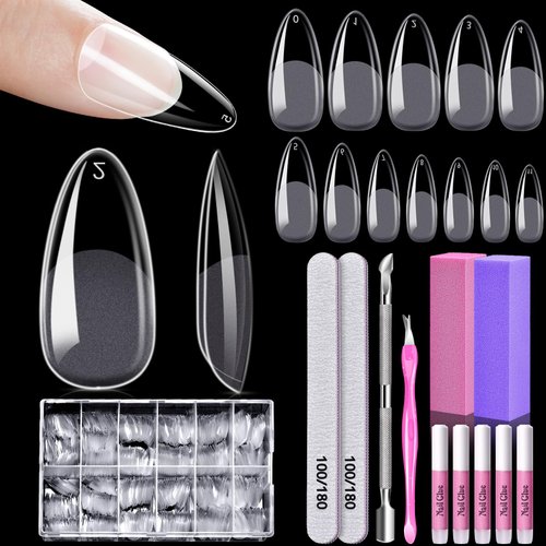 Almond Nail Tips, MORGLES 600pcs Long-Lasting Soft Gel Nail Tips, Medium Full Cover Nail Tips, Pre-Etched Matte Gel x Nail Extensions, 12 Sizes with Glue & Nail Files