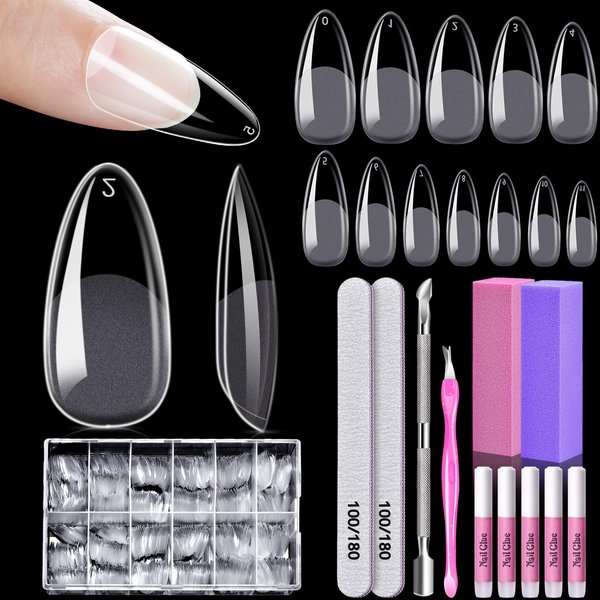 Almond Nail Tips, MORGLES 600pcs Long-Lasting Soft Gel Nail Tips, Medium Full Cover Nail Tips, Pre-Etched Matte Gel x Nail Extensions, 12 Sizes with Glue & Nail Files