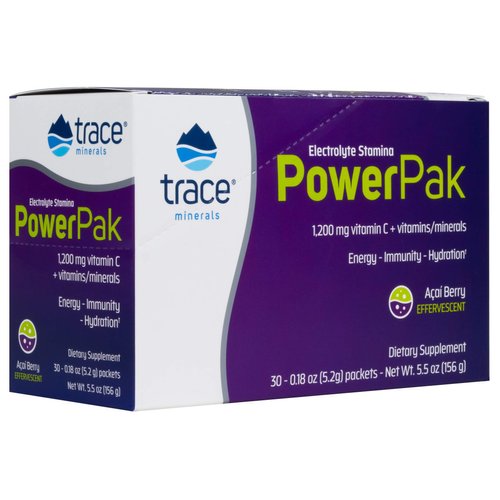 Trace Minerals | Power Pak Electrolyte Powder Packets | 1200 mg Vitamin C, Zinc, Magnesium | Boost Immunity, Hydration and Natural Energy | Acai Berry | 30 Packets