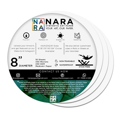 NARA Alcohol Ink Paper | White | 8" Diameter Circle | 330 microns/250 GSM | 10 Sheets | Medium+ Paper | Paper for Alcohol Ink Art Painting | 100% Stain-Free