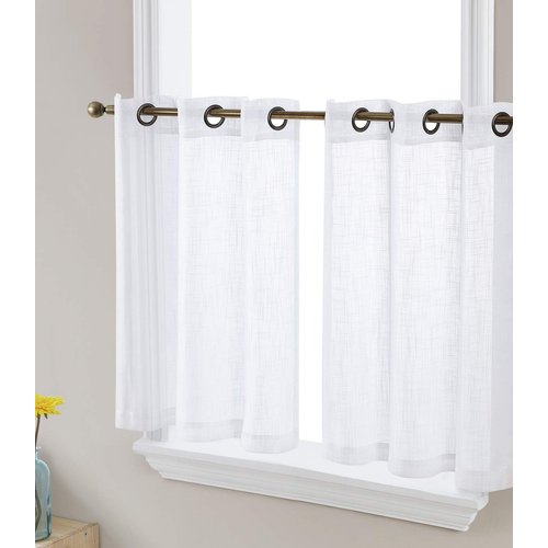 HLC.ME Abbey Faux Linen Textured Semi Sheer Privacy Light Filtering Transparent Grommet Short Thick Cafe Curtain Tiers for Small Windows, Kitchen & Bathroom, Set of 2 (35 W x 24 L, White)