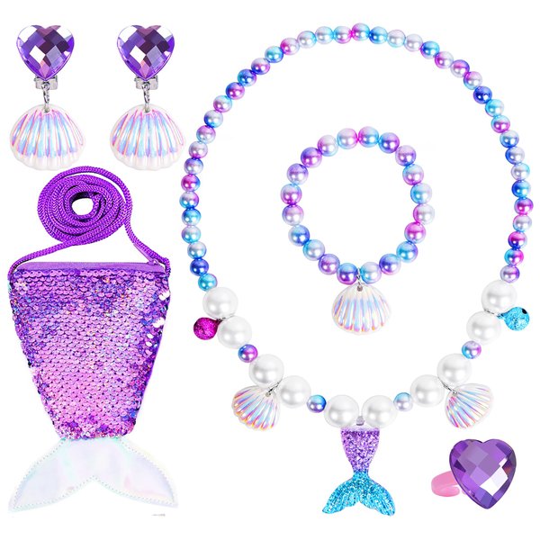 MTGOCHA Mermaid Jewelry Set Mermaid Purse for Little Girls, Kids Play Jewelry for Girls Coin Purse Little Mermaid Necklace Bracelet Earrings Ring Mermaid Dress Up Accessories for Girls Mermaid Gifts