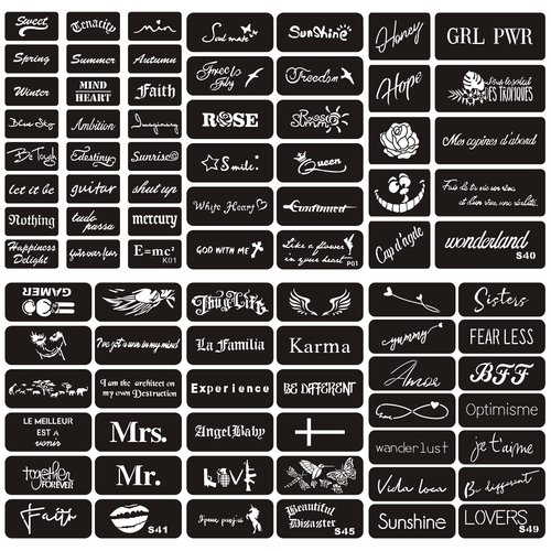 Kotbs 6 Sheets Henna Tattoo Stencils, 84pcs Tiny English Word Body Paint Temporary Tattoo Stencils for Kids Girls Boys, Indian Arabian Self Adhesive Tattoo Templates