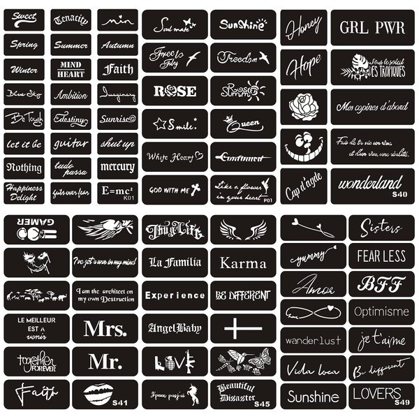 Kotbs 6 Sheets Henna Tattoo Stencils, 84pcs Tiny English Word Body Paint Temporary Tattoo Stencils for Kids Girls Boys, Indian Arabian Self Adhesive Tattoo Templates