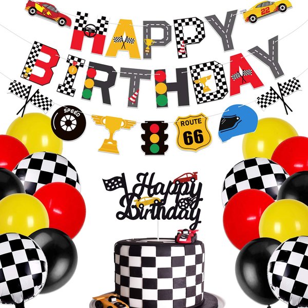 Race Car Birthday Party Supplies, Race Car Birthday Banner and Cake Topper Racing Chequered Flag Hot Wheel Themed Birthday Party Supplies