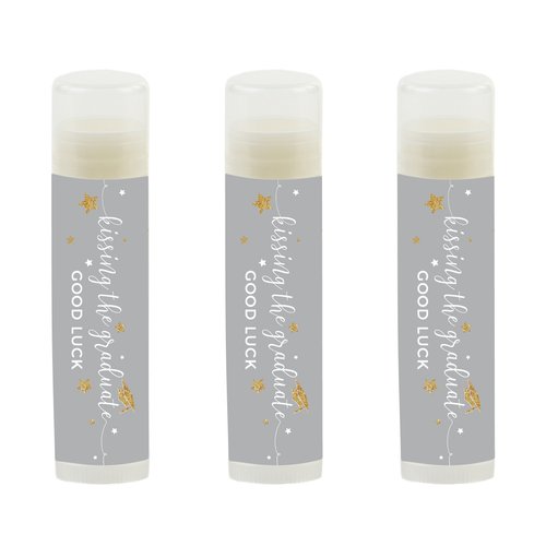 Andaz Press Gray and Gold Glittering Graduation Party Collection, Lip Balm Favors Kissing the Graduate Good Luck!, 12-Pack