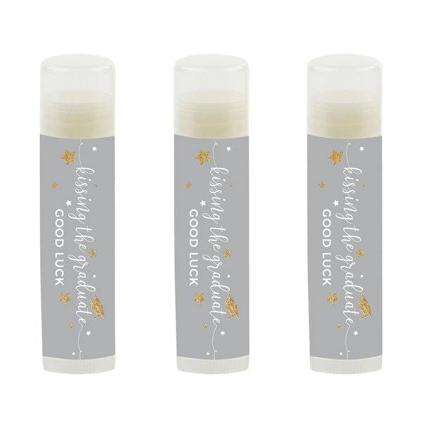 Andaz Press Gray and Gold Glittering Graduation Party Collection, Lip Balm Favors Kissing the Graduate Good Luck!, 12-Pack