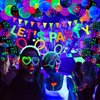 255 Pack Glow Neon Party Supplies Glow Sticks Party Decorations Black Light Reactive Decor Set - Fluorescent Banner, Glow in The Dark Balloons, Neon Tablecloths, Cake Toppers, Light Up Sticks, Glasses