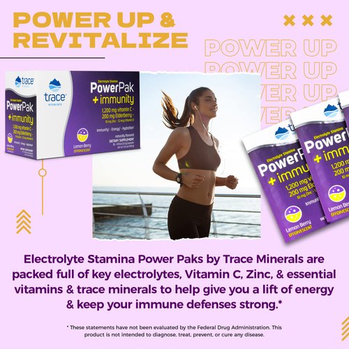 Trace Minerals | Power Pak Electrolyte + Immunity Boost Drink Packets | 1200 mg Vitamin C, Elderberry, Zinc, D3, B6, B12 | Immunity, Hydration | Kids & Adults | Fizzy Lemon Berry | 30 Packets