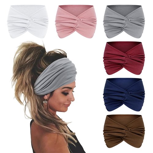 Wecoe Headbands for Women, 6pcs Fashion Knotted Headbands Wide Elastic Thick Turban Headbands for Wigs African Hair Head Wrap Sweat Headbands Workout Hair Bands Gym Hair Accessories For Women(Set B)