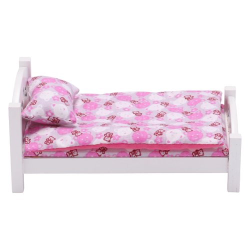 1/6 Scale Wooden Dollhouse Bed and Bedding Set, fits 12 inch Dolls, White Frame, Mini Toy Furniture, Realistic Bedroom Accessories
