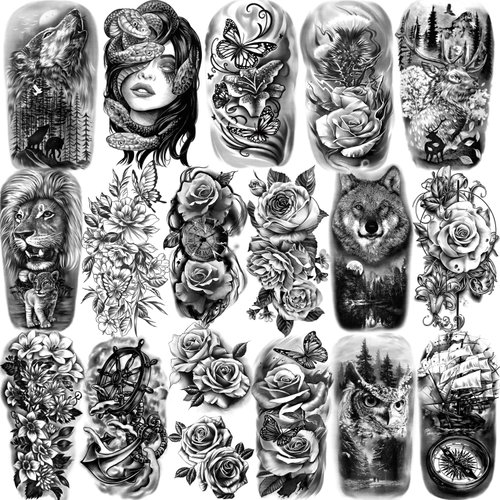 77 Sheets Temporary Tattoo for Men and Women, 17 Sheets Half Arm Chest Shoulder Fake Tattoos, 60 ...