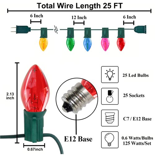 Multicolor C7 Christmas Lights, 25Ft C7 LED Outdoor String Lights with 27 Clear Multicolor Bulbs, Hanging Halloween Decorative Lights for Indoor Outdoor Holiday Party Backyard Garden, Green Wire