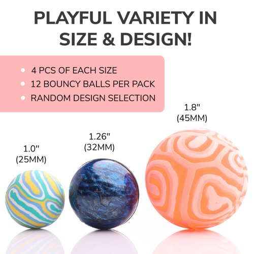 Bouncy Balls - 12 Bouncing Balls Assorted Pack - 3 Sizes: 45mm, 32mm and 25mm - Mini Bouncy Balls for Kids - Bouncy Ball Toys for Capsule Vending Machine
