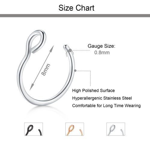 D.Bella 20G Fake Piercing Jewelry Hoop for Faux Lip Septum Nose Ring Set,8mm