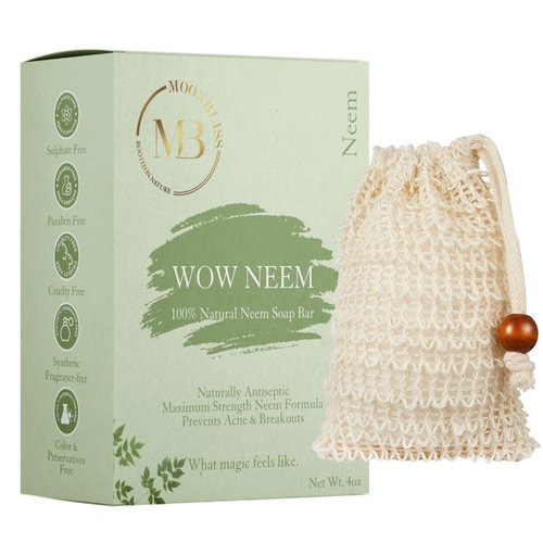 Moon Bliss Natural Neem Soap Bar-Made with Premium Organic Essential Oils,Cold-Pressed Neem oil, Moisturizing, Antifungal, Ease Acne -Soothe Dry, Itchy, Irritated Skin Conditions- Free Exfoliating bag