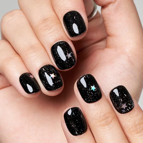 GLAMERMAID Press on Nails Short Squoval,Handmade Black Glitter False Nails with Design,24 Pcs Extra Short Glue on Nails UV Glossy Reusable Acrylic Stick on Nails for Women Girls Gift