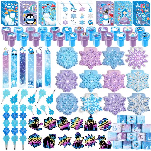 BenLouis 108Pcs Frozen School Stationery Party Favors Winter Snowflake Themed Classroom Gift Reward Prizes Bulk for Students Kids Holiday Frozen Birthday Goodie Bag Stuffers Pinata Filler
