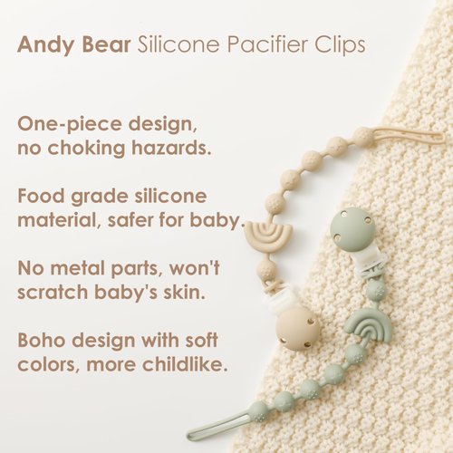 Baby Pacifier Clips One Piece Binky Clip Holder Silicone Teether Clip Pacifier Straps with Clip Baby Teether Toys for Boys and Girls Set of 3 Andy Bear-Ivory+Sage+Blush