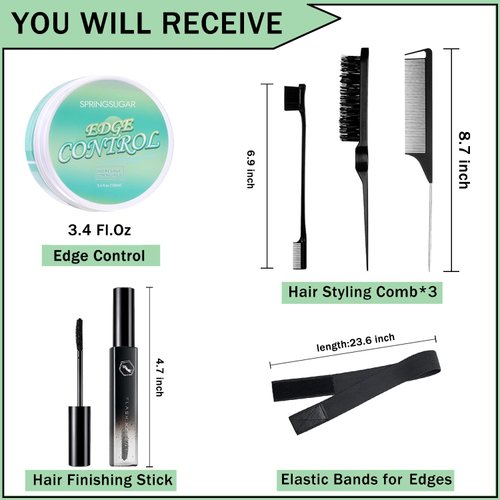 6 Pcs Edge Control Kit for Women's Hair - Strong Hold Smoother Gel, Hair Styling Products, 4c Hair Edge Finishing Stick, Hair Combs & Elastic Band