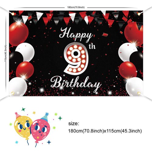 JOYKY Happy 9th Birthday Banner, Red Black Happy 9th Birthday Party Decorations for Boys Girls, 9 Year Old Birthday Supplies Backdrop Décor, 5.9 X 3.8 Fts