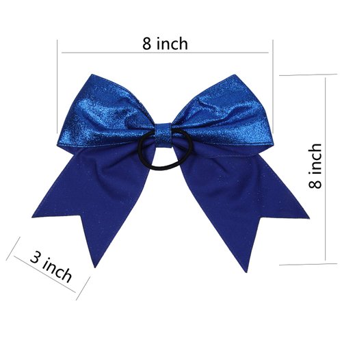 Cheerleader Bows Cheerleading 8 inch Sparkle Glitter Ponytail Holder Hair Tie School for High School College Girl Team Sports 6 Pcs … (Royal Blue)