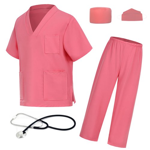 LAUPHIE Kids Scrub Nurse Doctor Dress Up Costumes for Kids Set of 5 Cosplay Pink Green